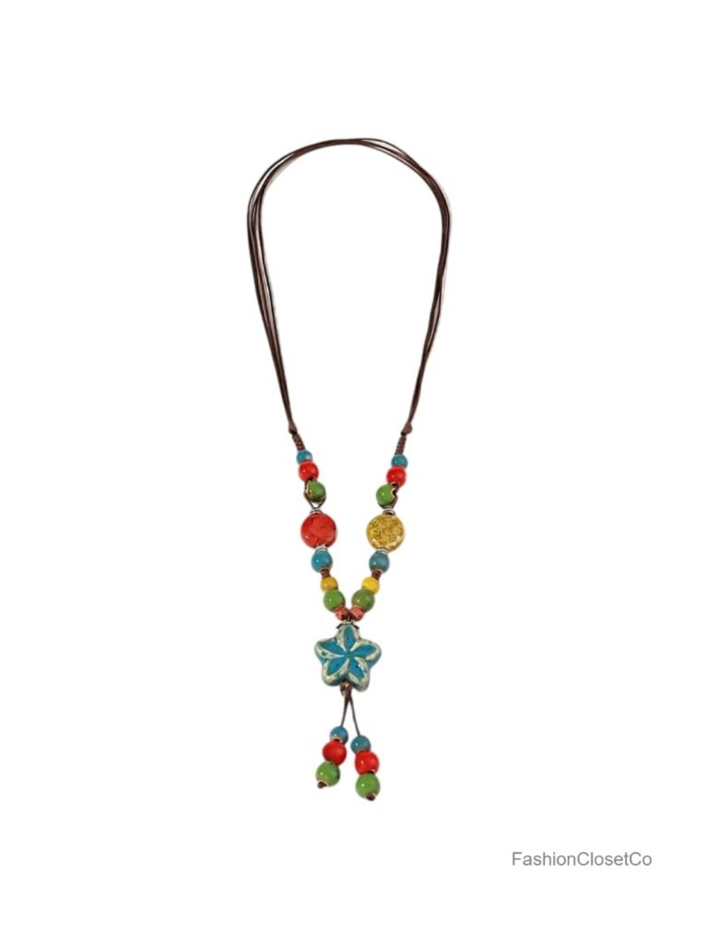 Handmade Ceramic Flower Pendant Necklace 18K Gold Plated Wax Cord Boho Jewelry